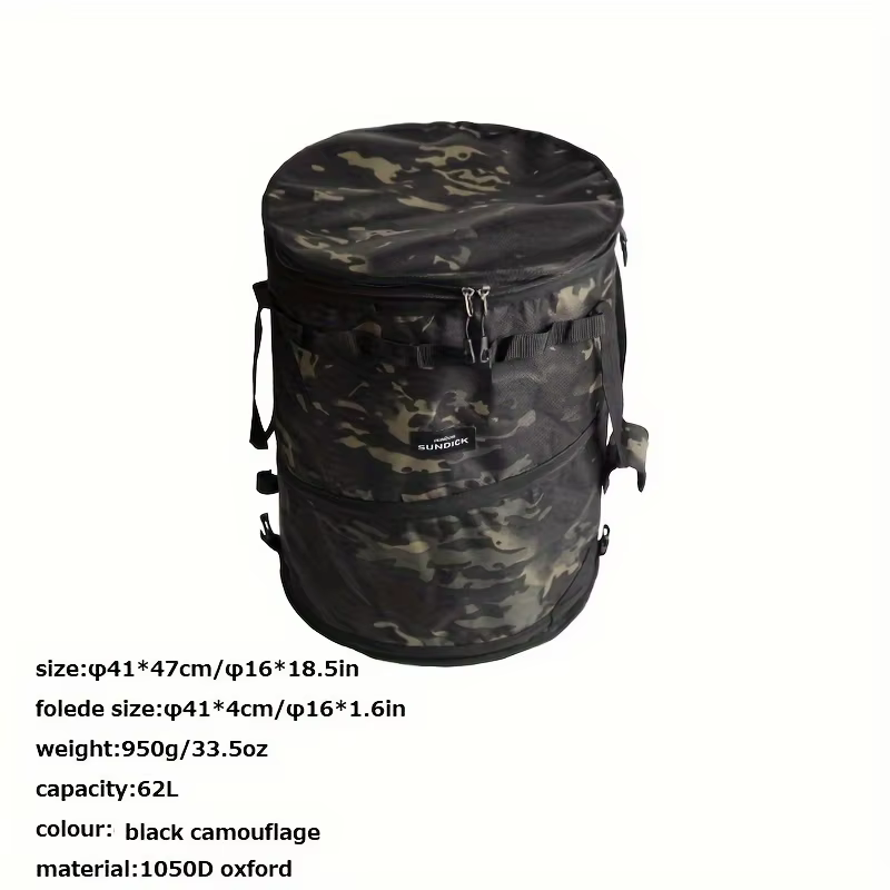 Seau de rangement pliable 62L pour le camping, sac organisateur d'équipement extérieur robuste, poub
