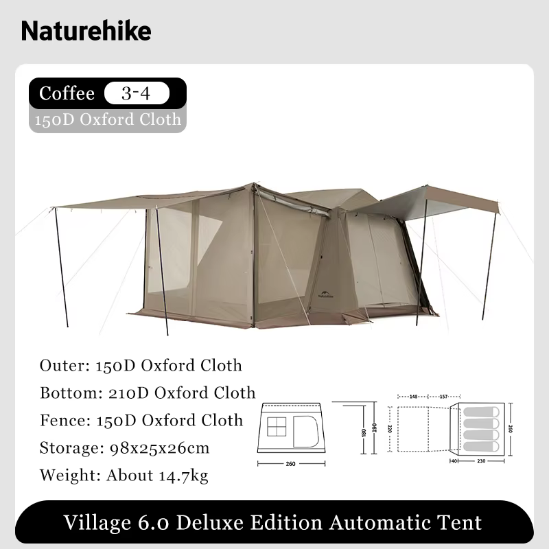 Naturehike Village 6.0 Deluxe 2.0 tente de Camping 3-4 personnes auvent automatique tente de randonn