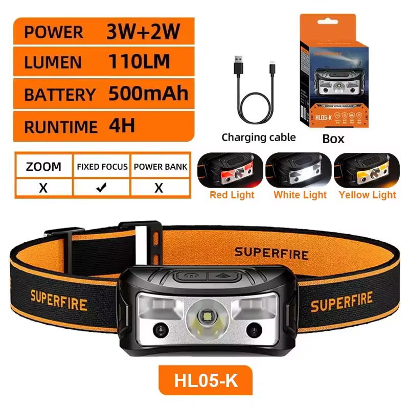 SUPERFIRE-Lampe de poche LED avec capteur de mouvement, 8 modes, lumière blanche/jaune/rouge, pour s