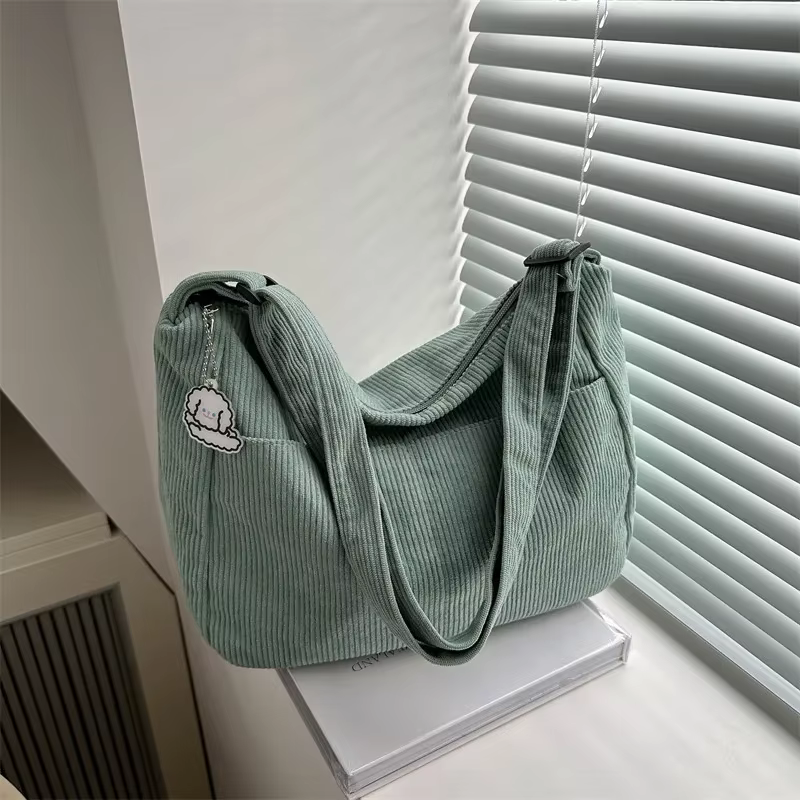 Sac à bandoulière en velours côtelé pour femmes, fourre-tout décontracté rayé de grande capacité ave