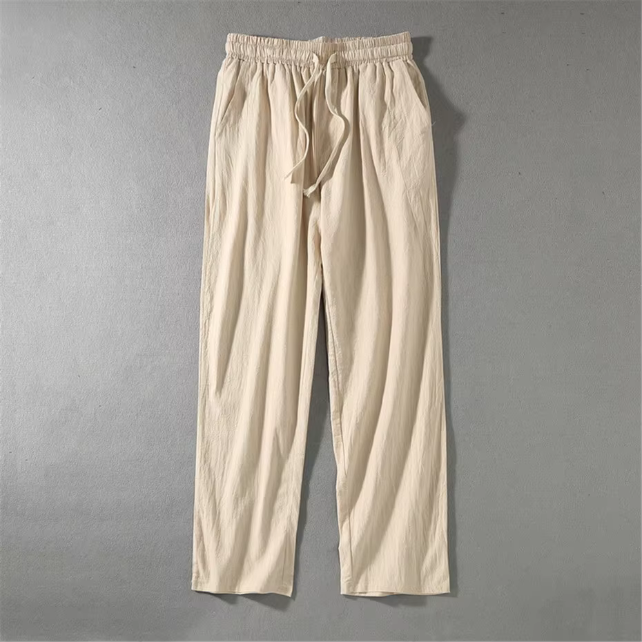 Pantalon d'été en coton et lin pour homme, coupe droite, couleur unie, style décontracté, 2025, fj6X