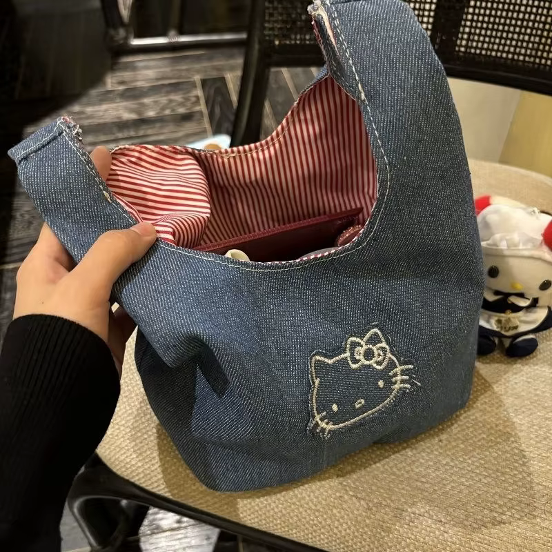 Nouveau sac fourre-tout en jean brodé motif chat, idéal pour les trajets quotidiens, rangement porta