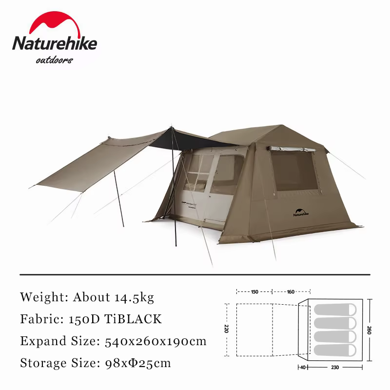 Naturehike Village 6.0 tente de Camping automatique une touche tente 4-8 personnes 150D titane noir