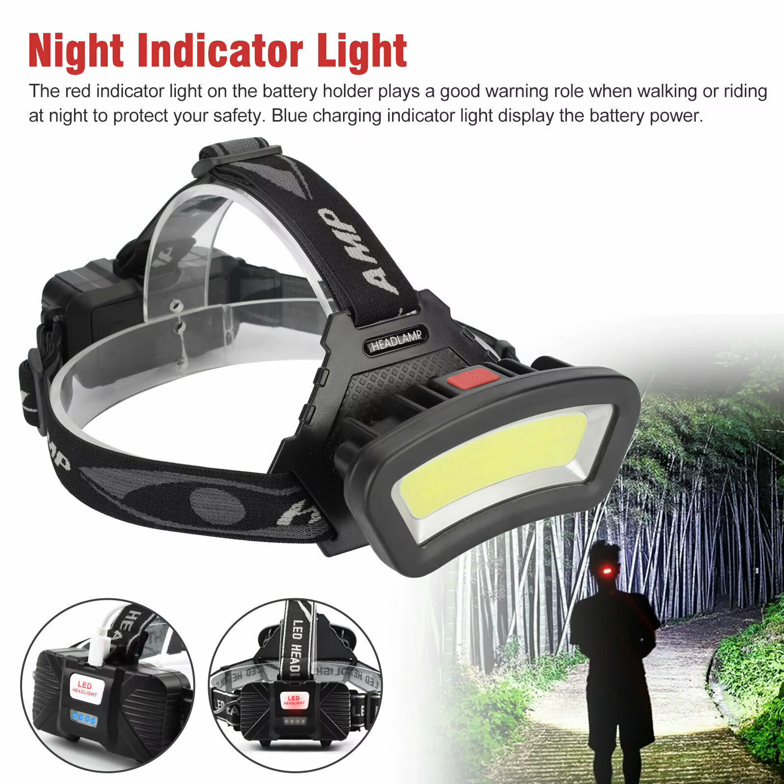 Lampe frontale large LED COB, éclairage à large portée, Rechargeable par USB, grand Angle, avec affi