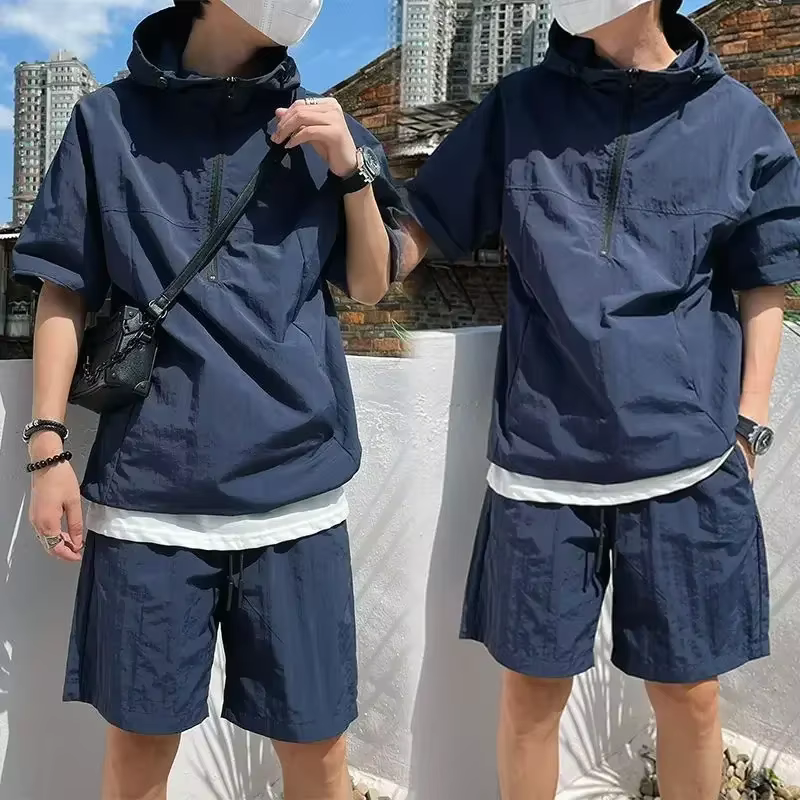 Ensemble de style cargo d'été pour hommes, sweat à capuche décontracté, t-shirt à manches courtes, s