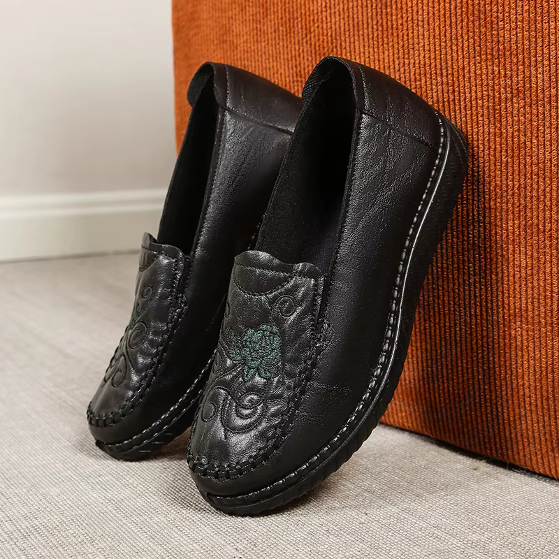 Chaussures en cuir confortables pour femmes, mocassins rétro brodés de fleurs, semelle compensée sou