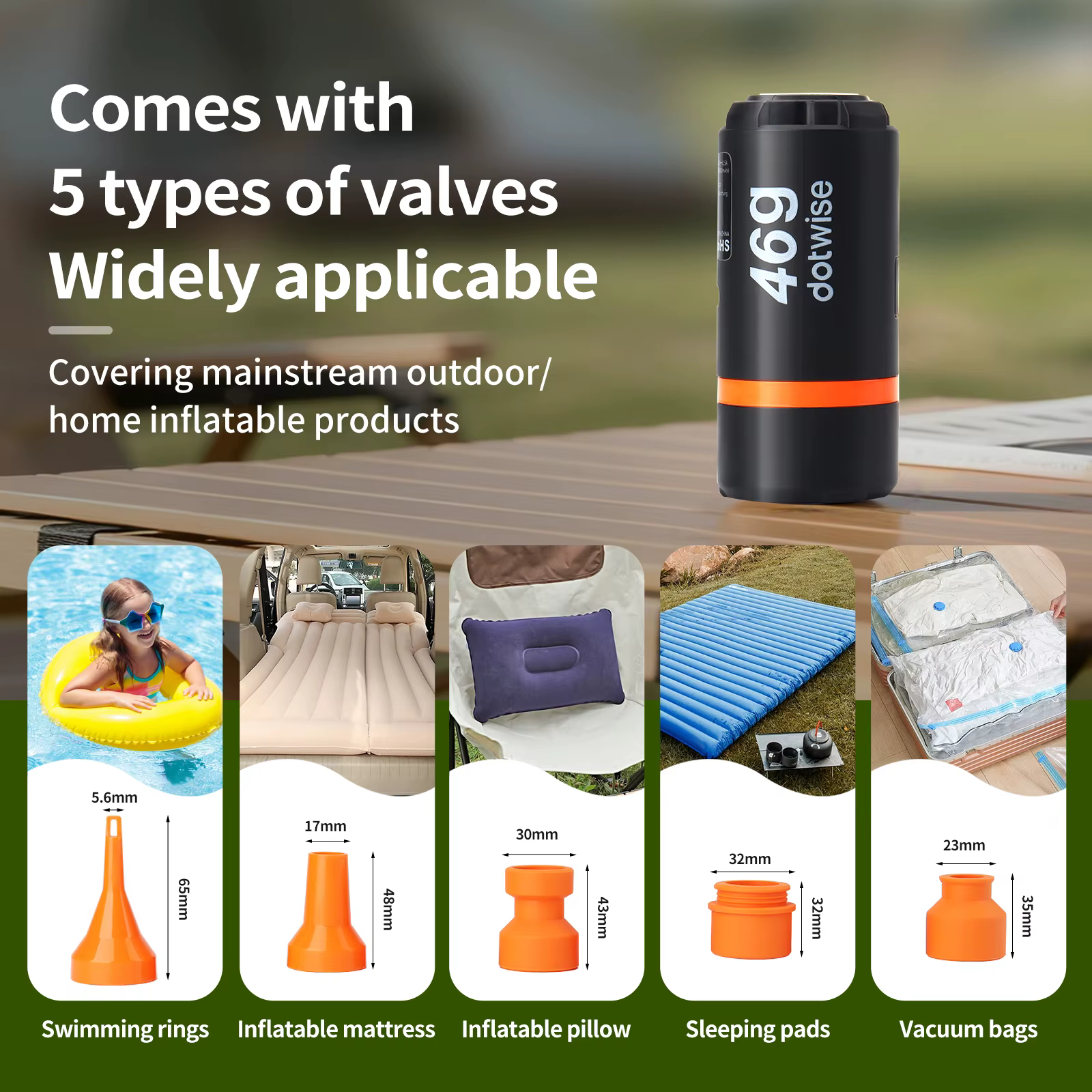 DOTWISE – Mini pompe de gonflage Portable d'extérieur, avec lumière de Camping, 5 buses, adaptée aux