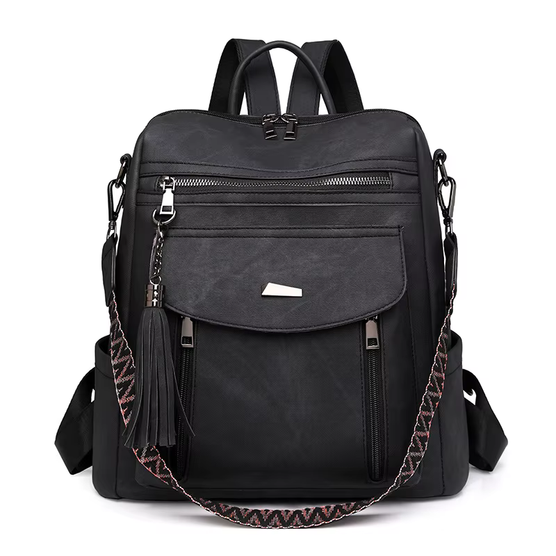 Sac à dos en cuir PU pour femmes, étanche, antivol, grande capacité, détail pompon, rétro, voyage, a