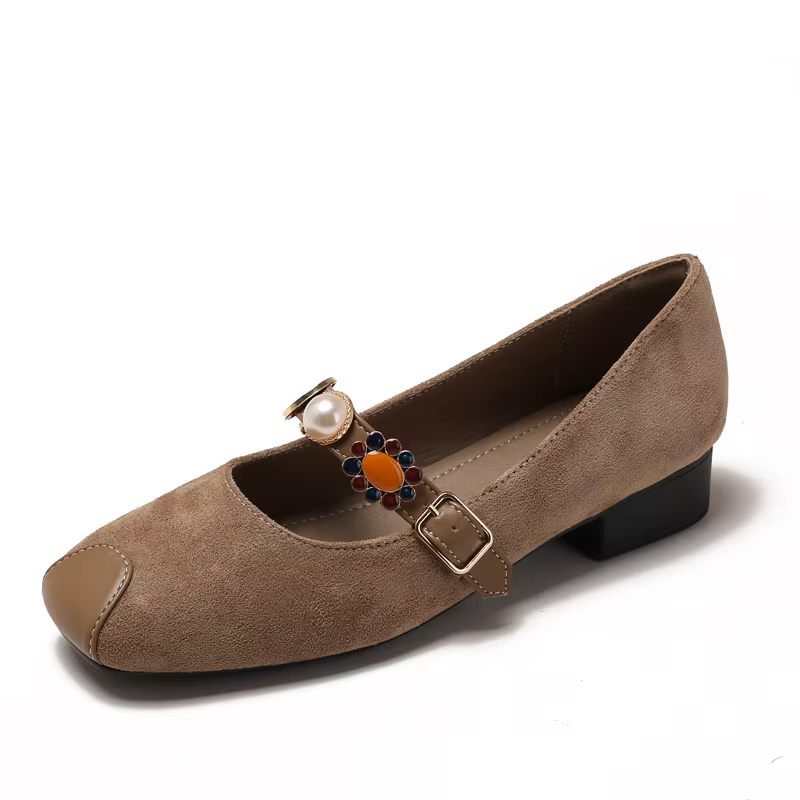 Chaussures Mary Jane vintage françaises pour femmes, talons en daim, décorations en perles, sangle à