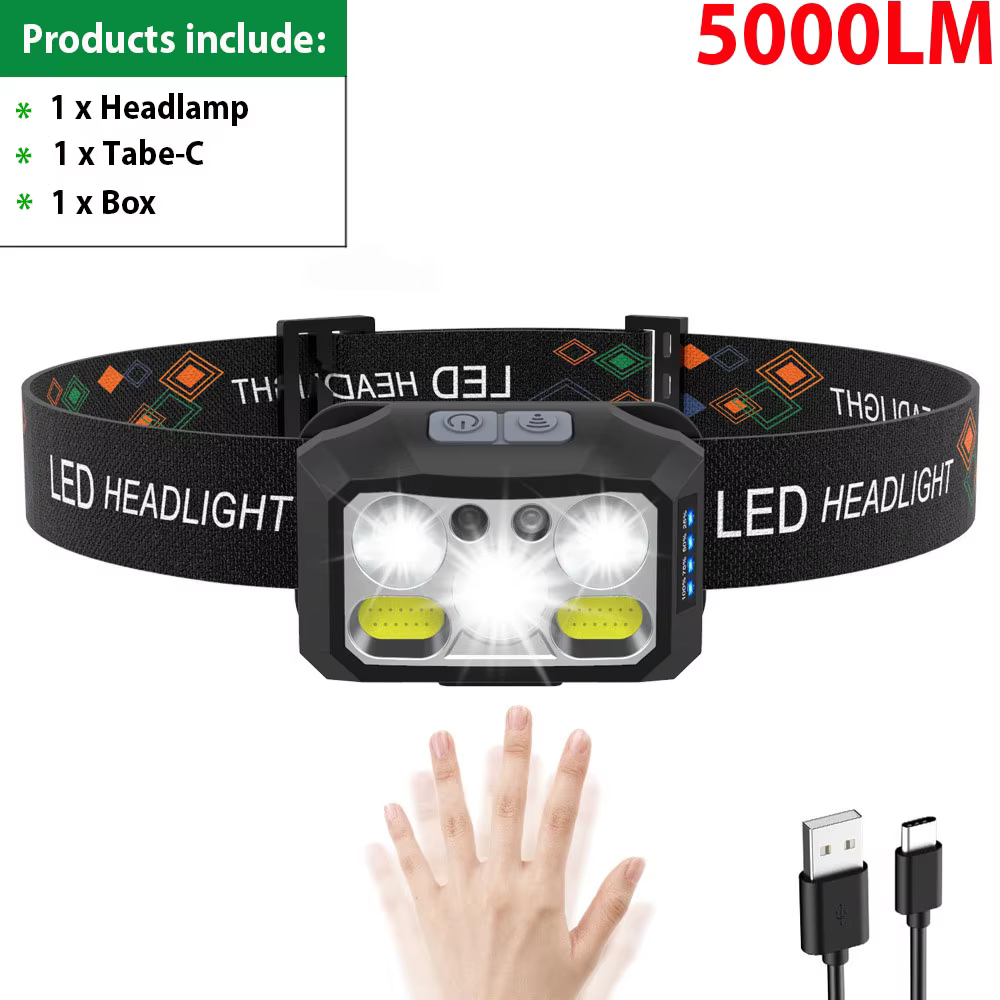 Lampe frontale lampe de poche LED la plus puissante phare rechargeable avec 8 modes capteur de mouve