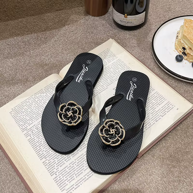 Femmes camélia tongs chaussures noir plat chaussures de plage décontractées été Peep orteil confort 
