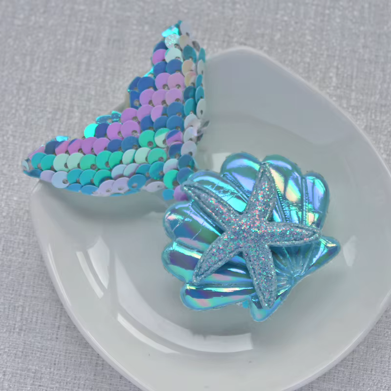 10 pièces 60x75mm paillettes queue de sirène coquille étoile de mer Appliques pour bricolage chapeau