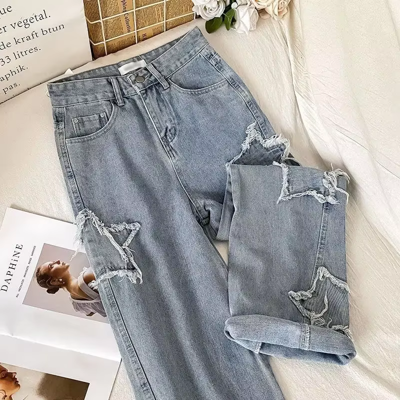 Jean Denim Taille Haute à Jambes Droites, Mode Coréenne avec Étoile, Nouvelle Collection Printemps-A