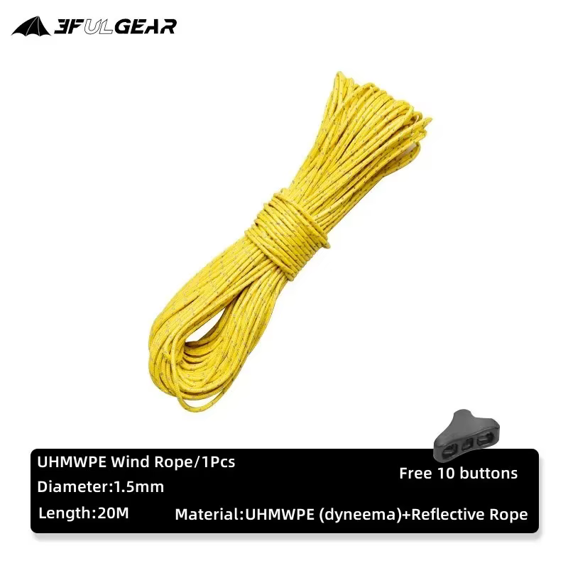 Corde réfléchissante pour tente d'extérieur 3F UL GEAR avec 10 boutons gratuits, 1,5 mm, 20 mètres,