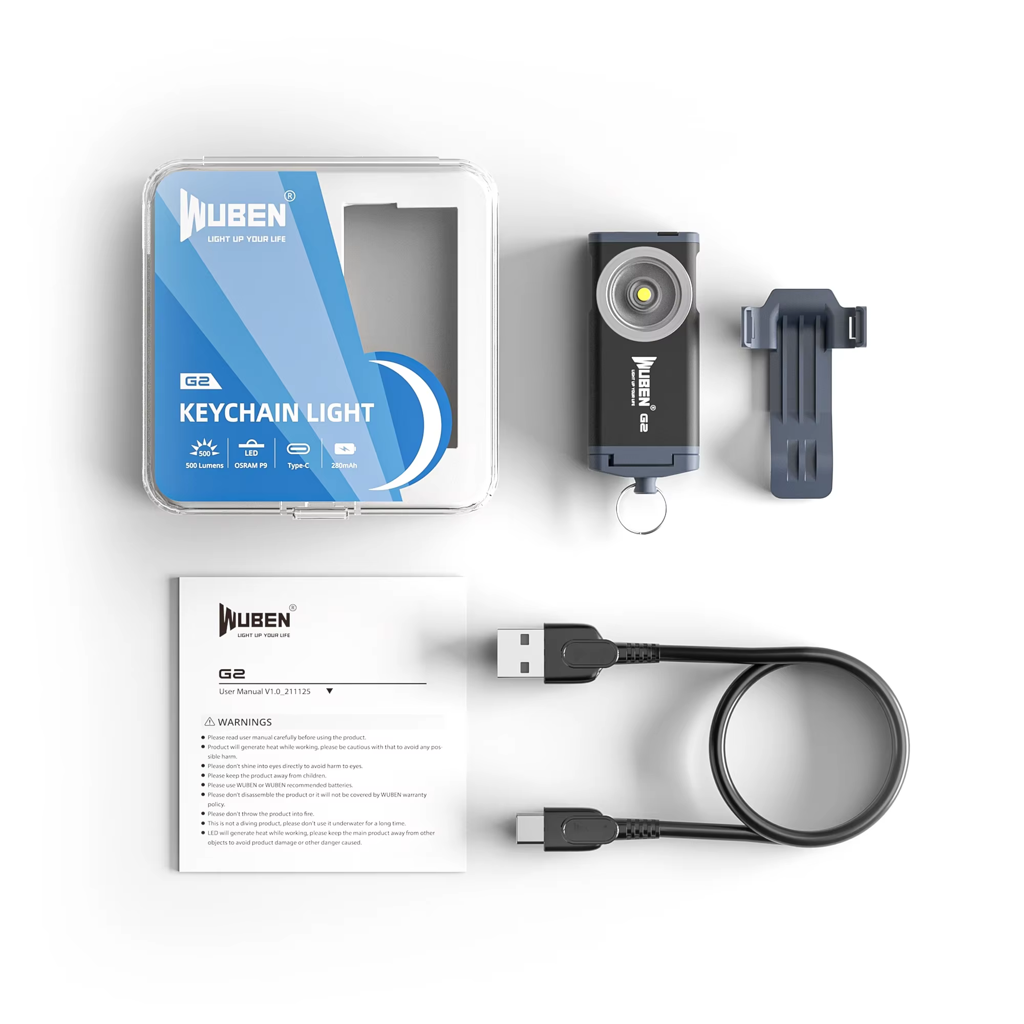 WUBEN G2 type-c porte-clés Rechargeable lumière 500Lumens Distance du faisceau 47 mètres batterie in