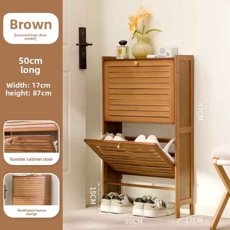 Armoire à chaussures à portes à persiennes en bambou, armoire à chaussures ultra-mince multi-niveaux