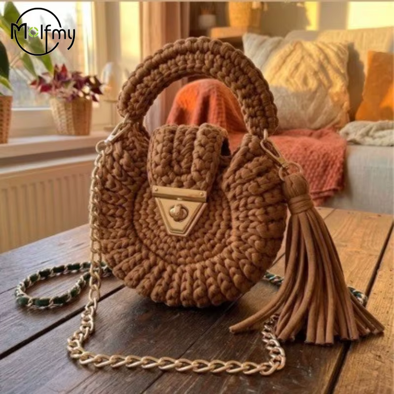 Sacs pour femmes en crochet faits à la main, sacs tissés à pompons faits à la main pour femmes, sacs