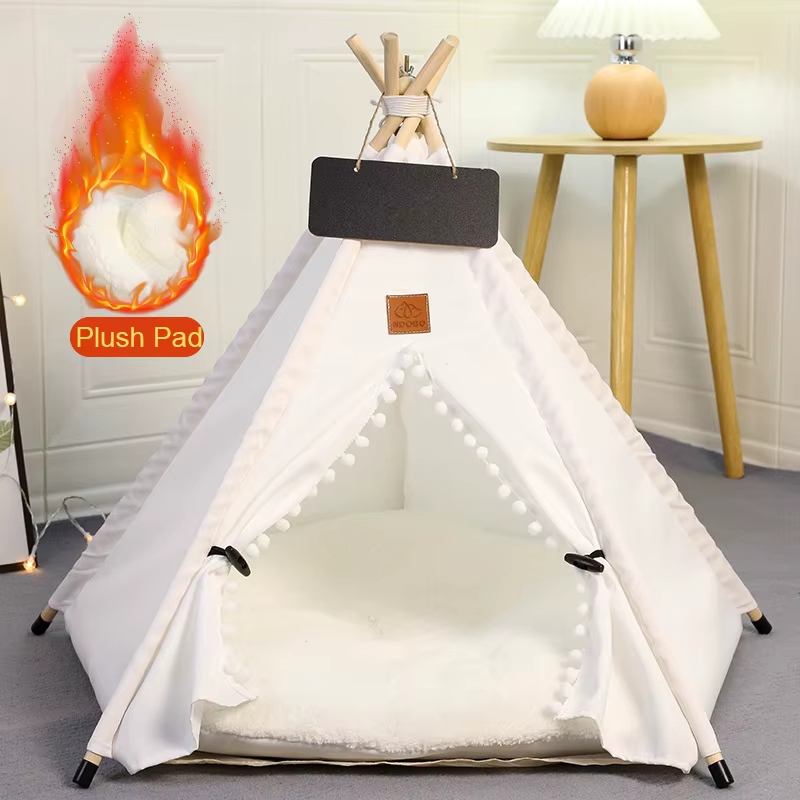 Tente tipi d'hiver pour animaux de compagnie avec coussin double face, côté peluche chaud, base anti