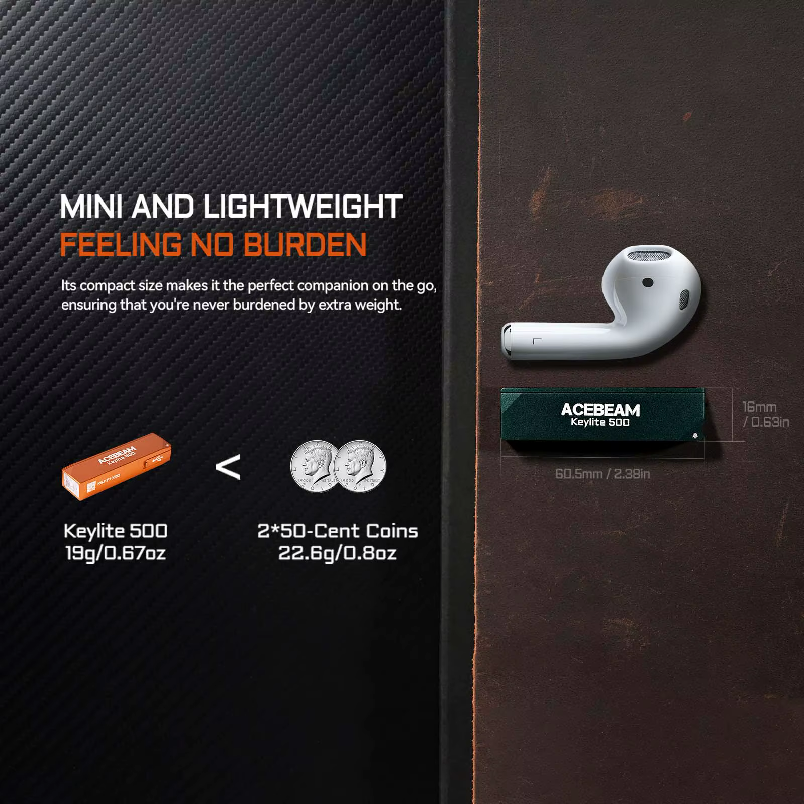 Lampe torche porte-clés ACEBEAM Keylite 500 EDC rechargeable avec mode stroboscopique d'autodéfense