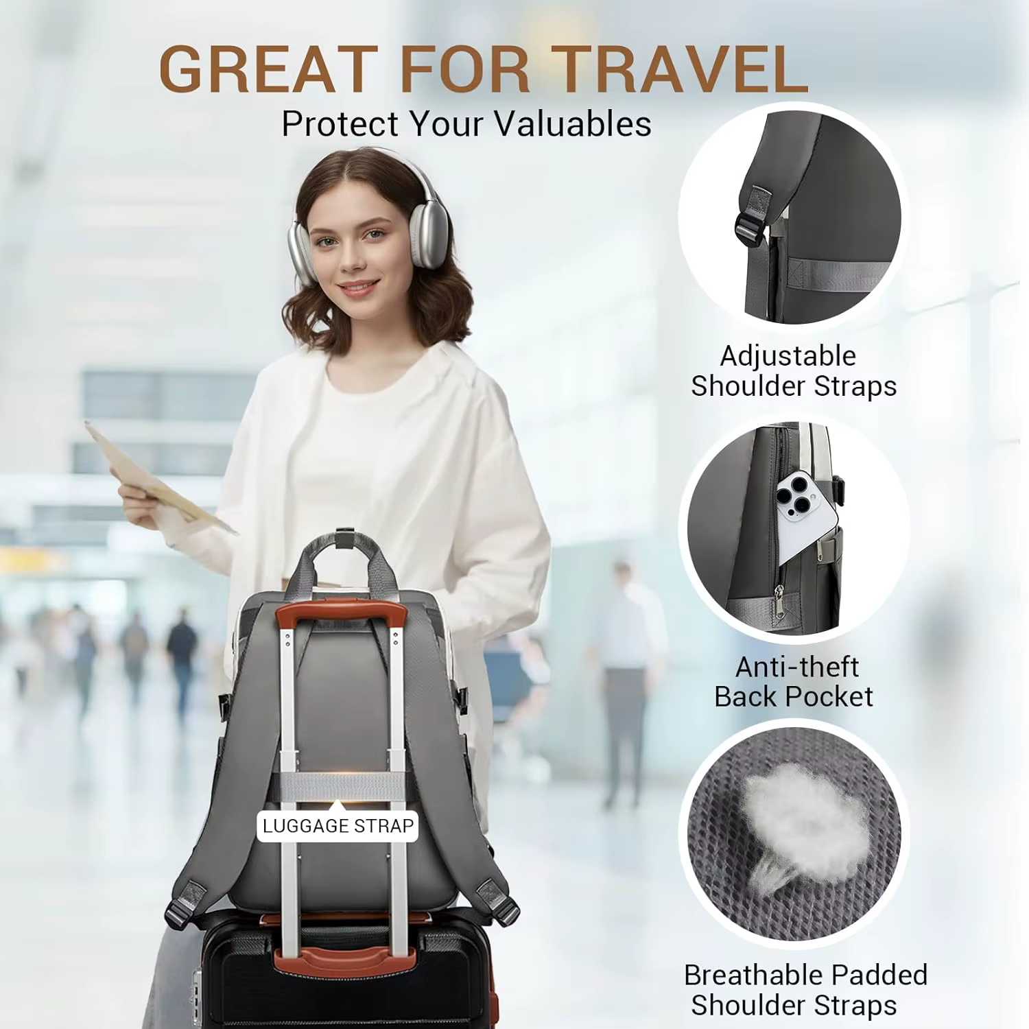 Sac à dos pour ordinateur portable KONO 15,6 pouces, léger, imperméable, antivol, avec poche frontal