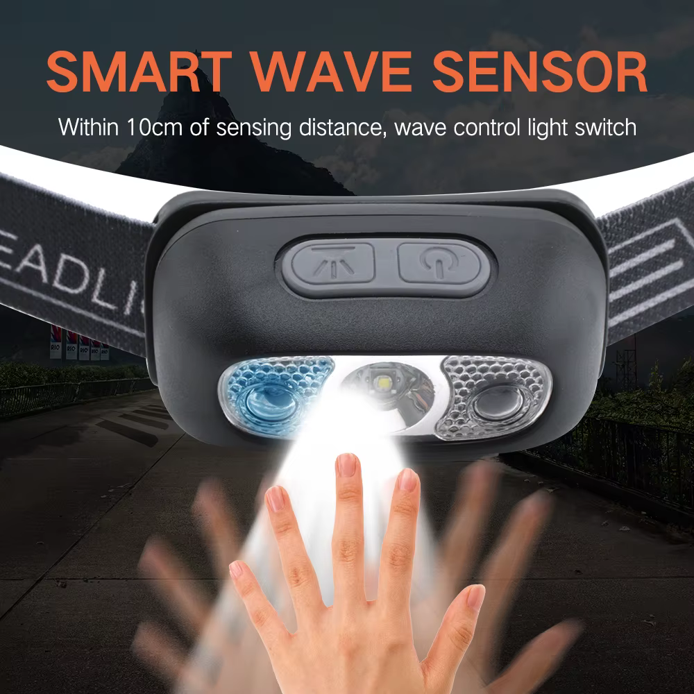 Mini lampe frontale Rechargeable USB avec capteur d'onde, lampe de poche d'éclairage extérieur pour