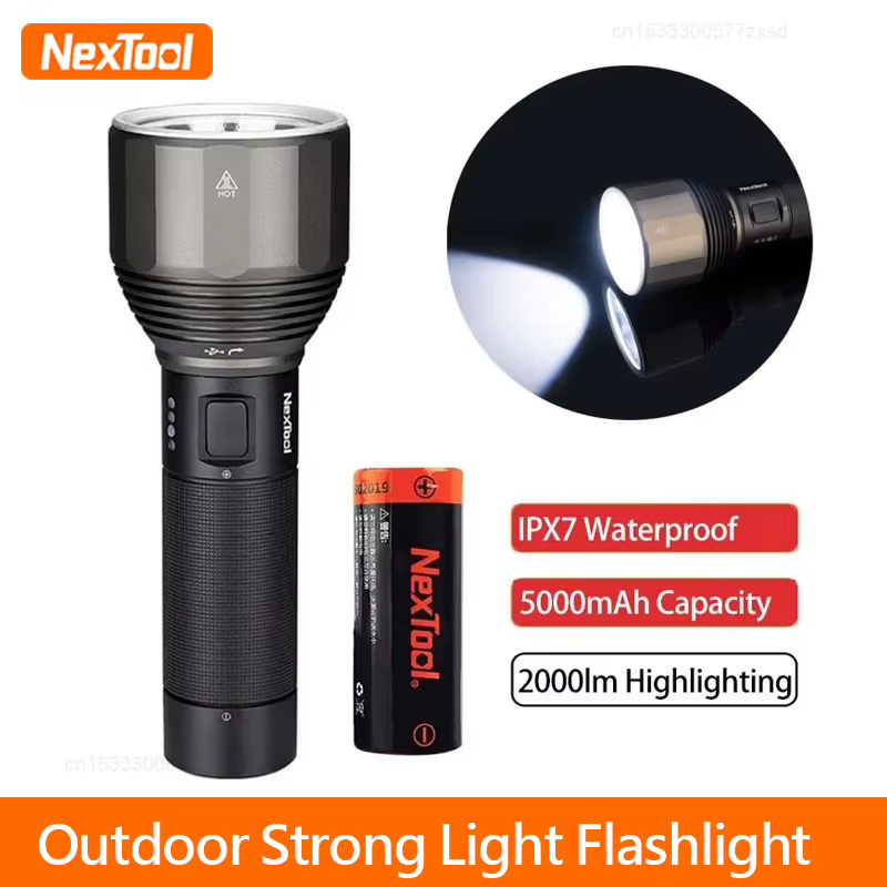 Lampe torche puissante NexTool pour l'extérieur, 2000lm, LED rechargeable, 380m, étanche IPX7, 5 mod