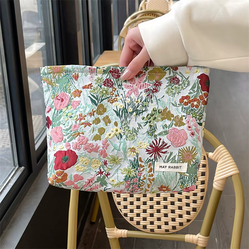 Sacs à cosmétiques floraux rétro Jacquard pour femmes, sac de rangement d'épicerie Vintage à fleurs 