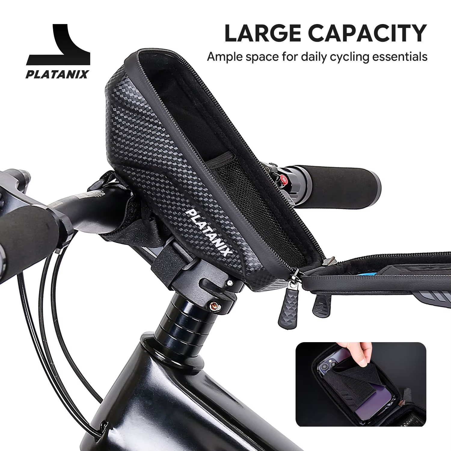 PLATANIX A1 Sac de guidon rigide en EVA pour VTT et vélo de route et pochette pour téléphone à fixer