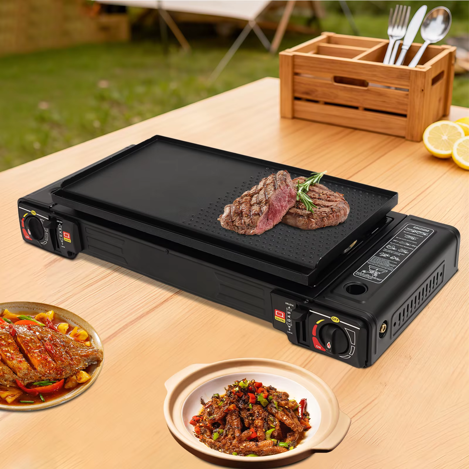 Réchaud de camping portable à 2 brûleurs, réchaud à gaz butane/GPL à allumage automatique de 2,5 kW 