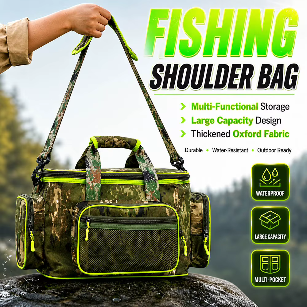 Sac à bandoulière de pêche BAKAWA grand format 36x24x25cm, camouflage, multi-poches, pour leurres et