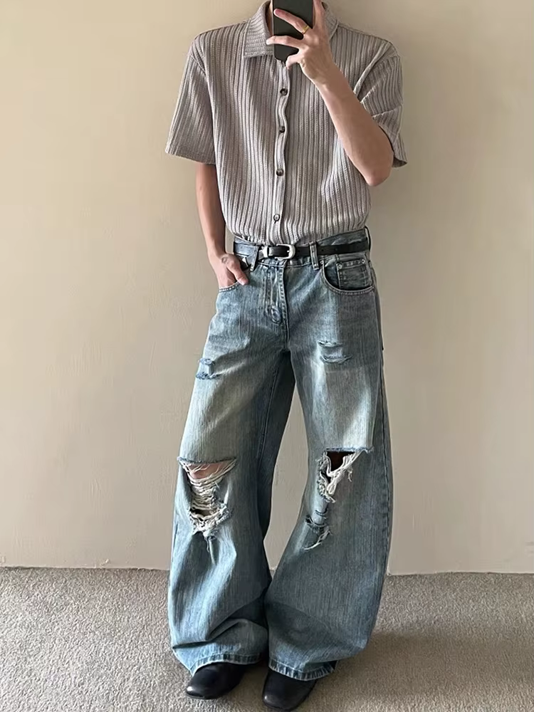 2025 automne haute rue déchiré Jean pour hommes Y2K Vintage droit Baggy Denim pantalons Hombre Hip H