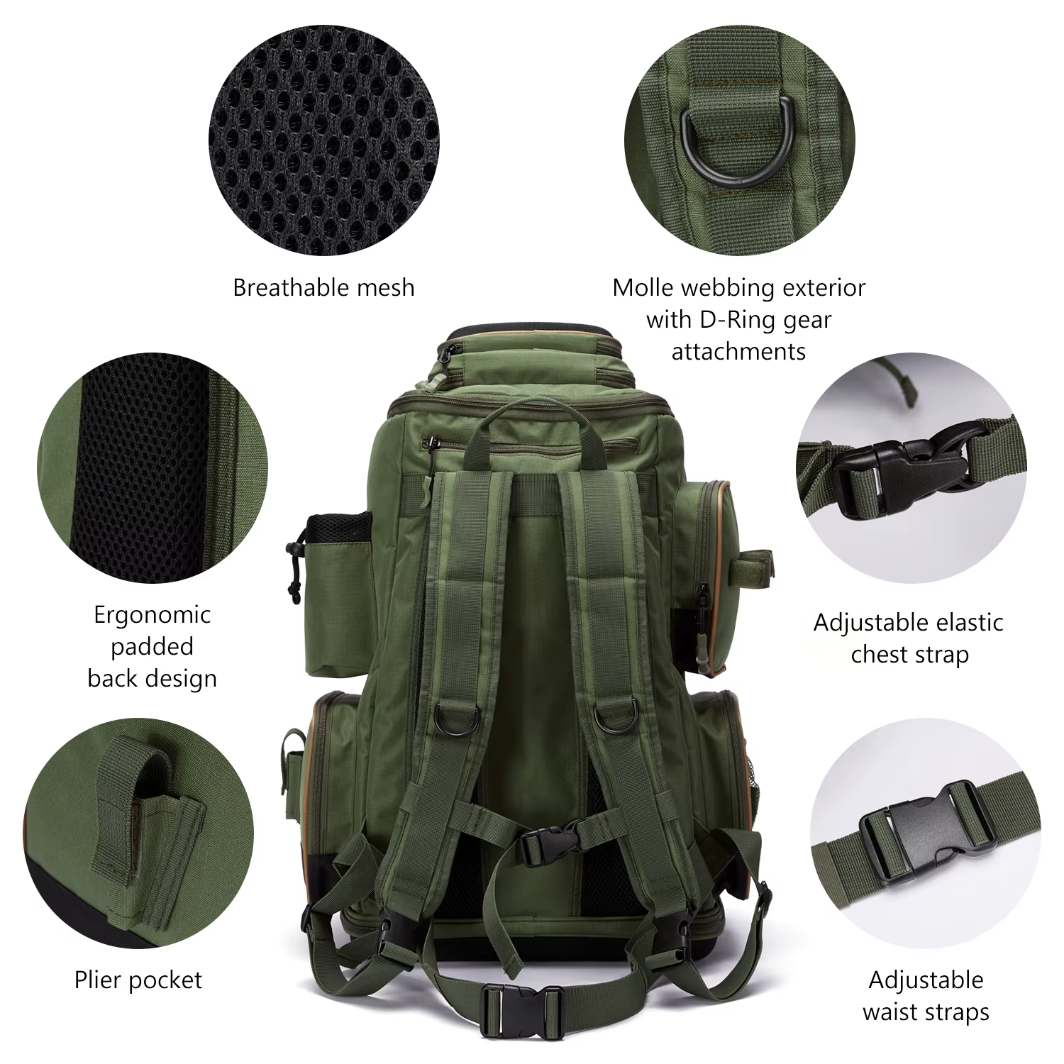Bassdash-Sac à dos vert armée avec housse de protection contre la pluie, matériel de pêche lancé SD2