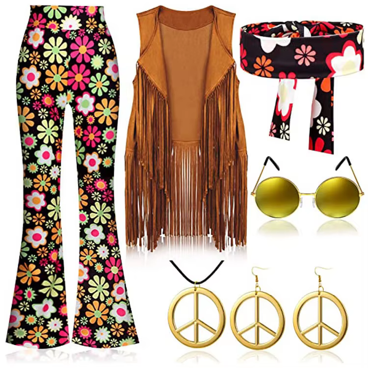 Costume Hippie Femme Amour et Paix Années 60 70 Tenue de Scène Fille Accessoires de Performance à Po