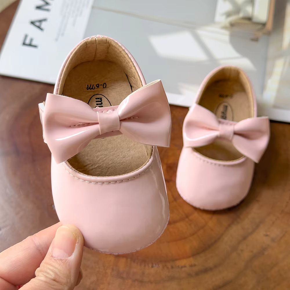 Chaussures pour nouveau-né fille, chaussures en PU antidérapantes avec nœud papillon, robe de prince