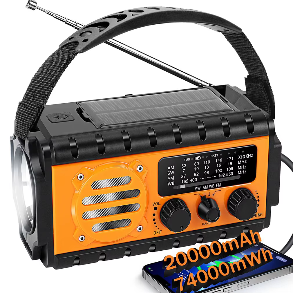Nouveau Radio d'urgence à manivelle 74000mWh 20000mAh Radio à énergie solaire avec lampe de poche la