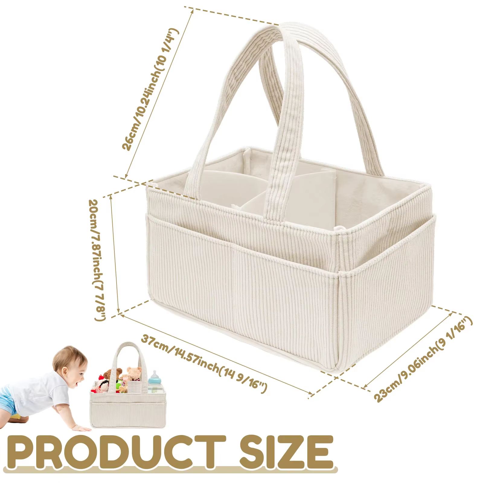 Organisateur de couches pour bébé en velours côtelé, panier de rangement pour couches avec poignée,