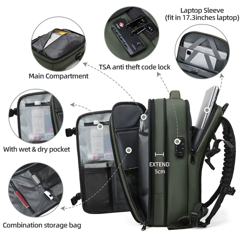 Sac à dos de voyage à compression sous vide pour hommes, sac à dos pour ordinateur portable, arc-en-