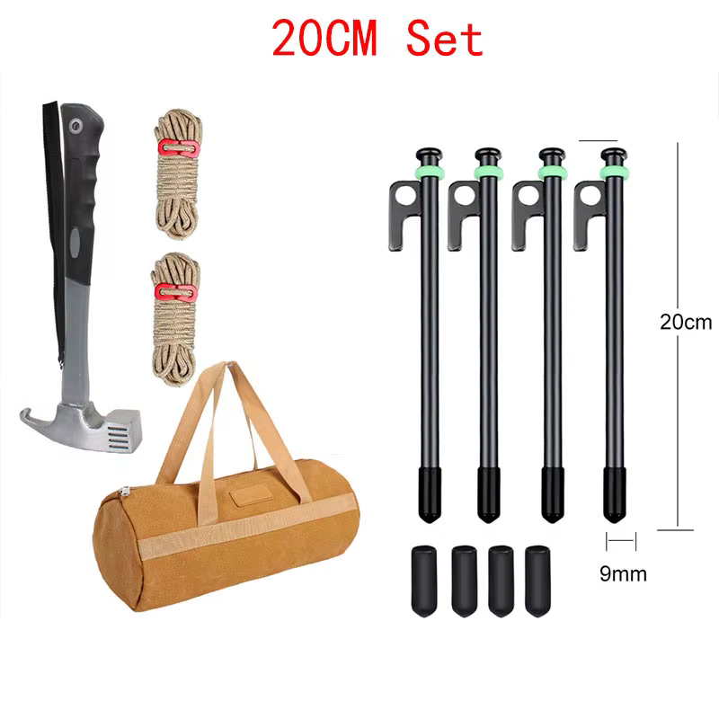 Piquets de tente robustes et jeu de marteau, piquets de tente en acier + sac de rangement + cercle e