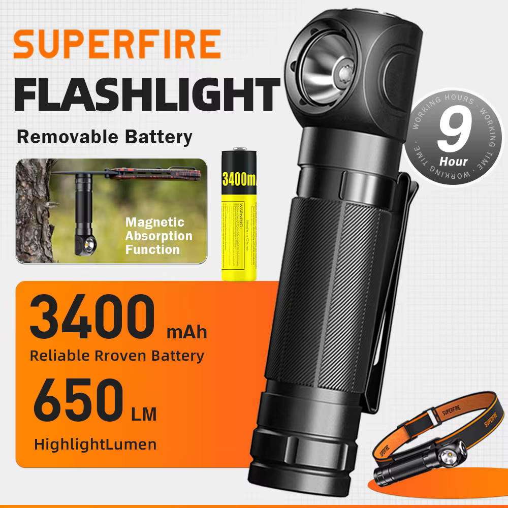 Lampe frontale LED SUPERFIRE TH04 2026 rechargeable Type C, lampe de poche frontale 18650 avec indic