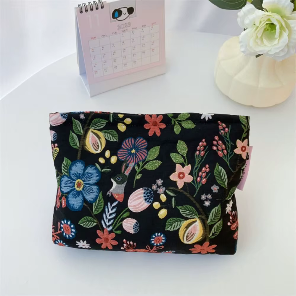 Pochette cosmétique brodée en toile, style coréen, grande capacité, sac de rangement jacquard, trous