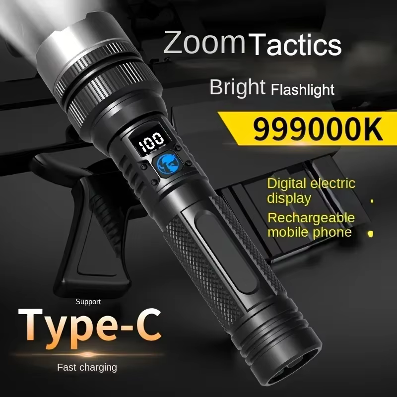 Lampe de poche LED portable aste par USB, torche en alliage d'aluminium, affichage numérique, lampes