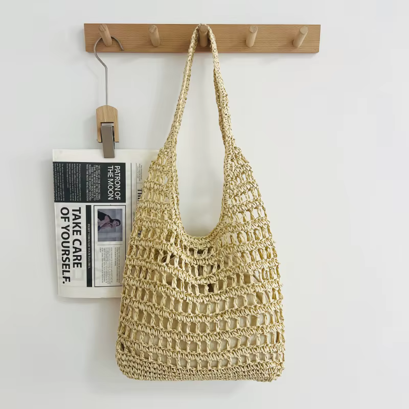 Sac à bandoulière de plage en paille pour femme, grande capacité, tissé à la main, ajouré, pour les 