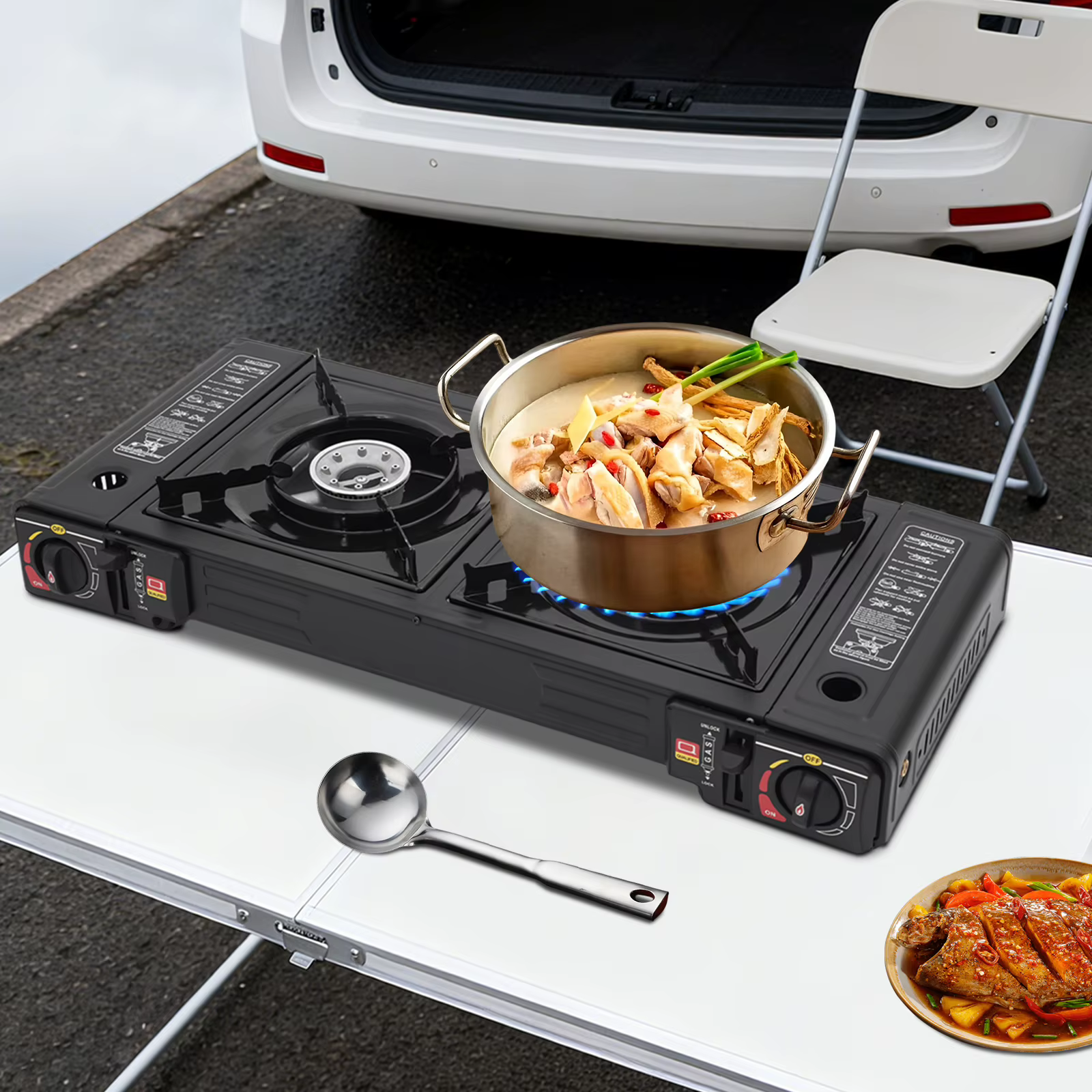 Réchaud de camping portable à 2 brûleurs, réchaud à gaz butane/GPL à allumage automatique de 2,5 kW 