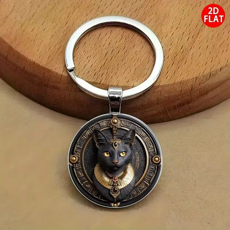 Porte-clés chat noir égyptien 2D plat, Style égyptien ancien, accessoire de mode pour voiture