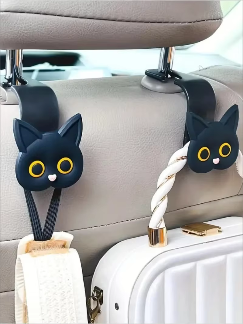 2 pièces adorables crochets d'appui-tête de siège de voiture de chat de dessin animé 3D-organisateur