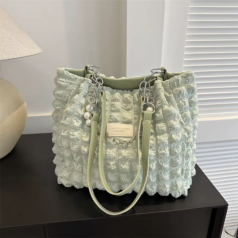 Sac fourre-tout texturé à bulles avec chaîne de perles, tendance, doux, grande capacité, pour femmes