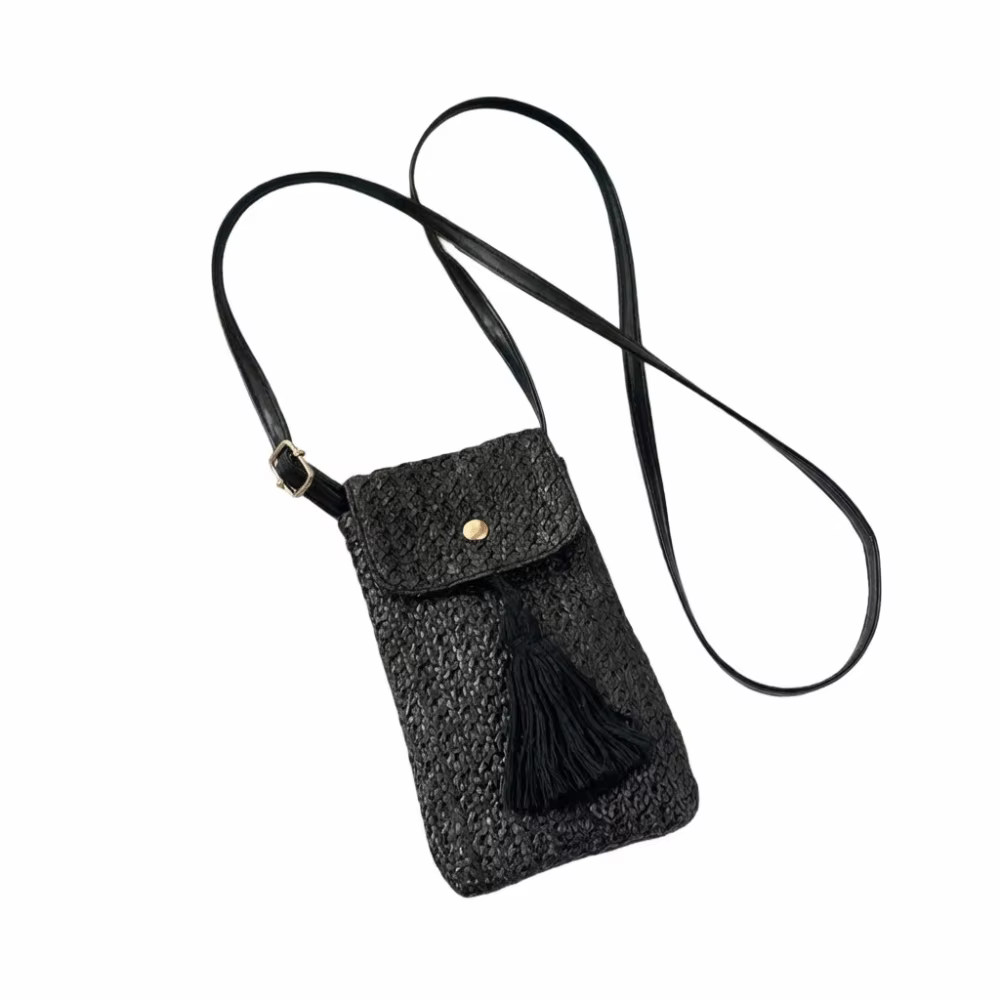 Sac à main portable en paille tressée avec longue pampille, pochette pour téléphone faite à la main 