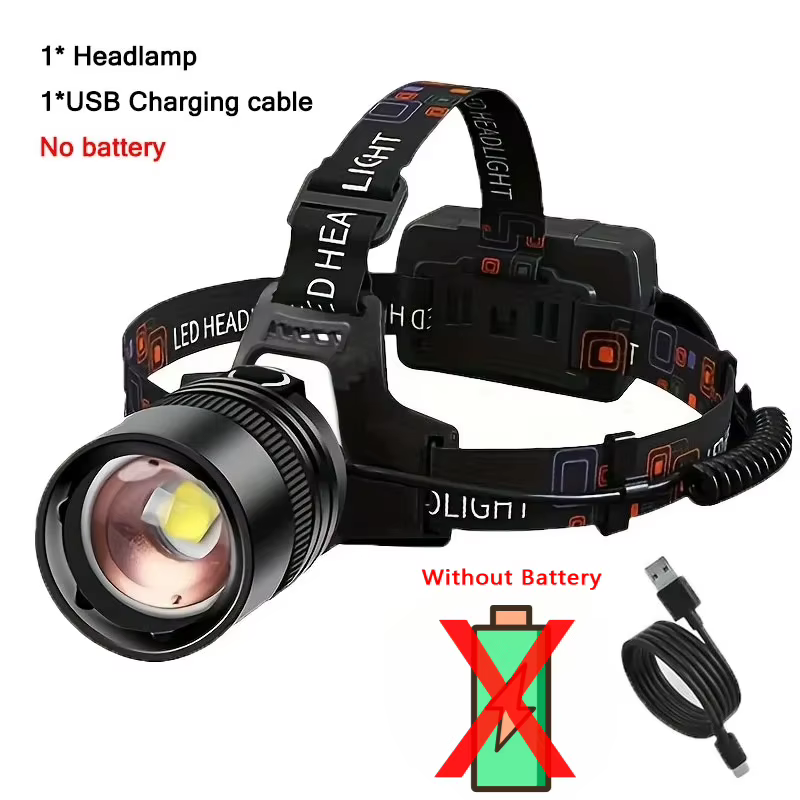 Lampe frontale LED puissante, Rechargeable, télescopique, Zoomable, pour l'extérieur, étanche, lampe