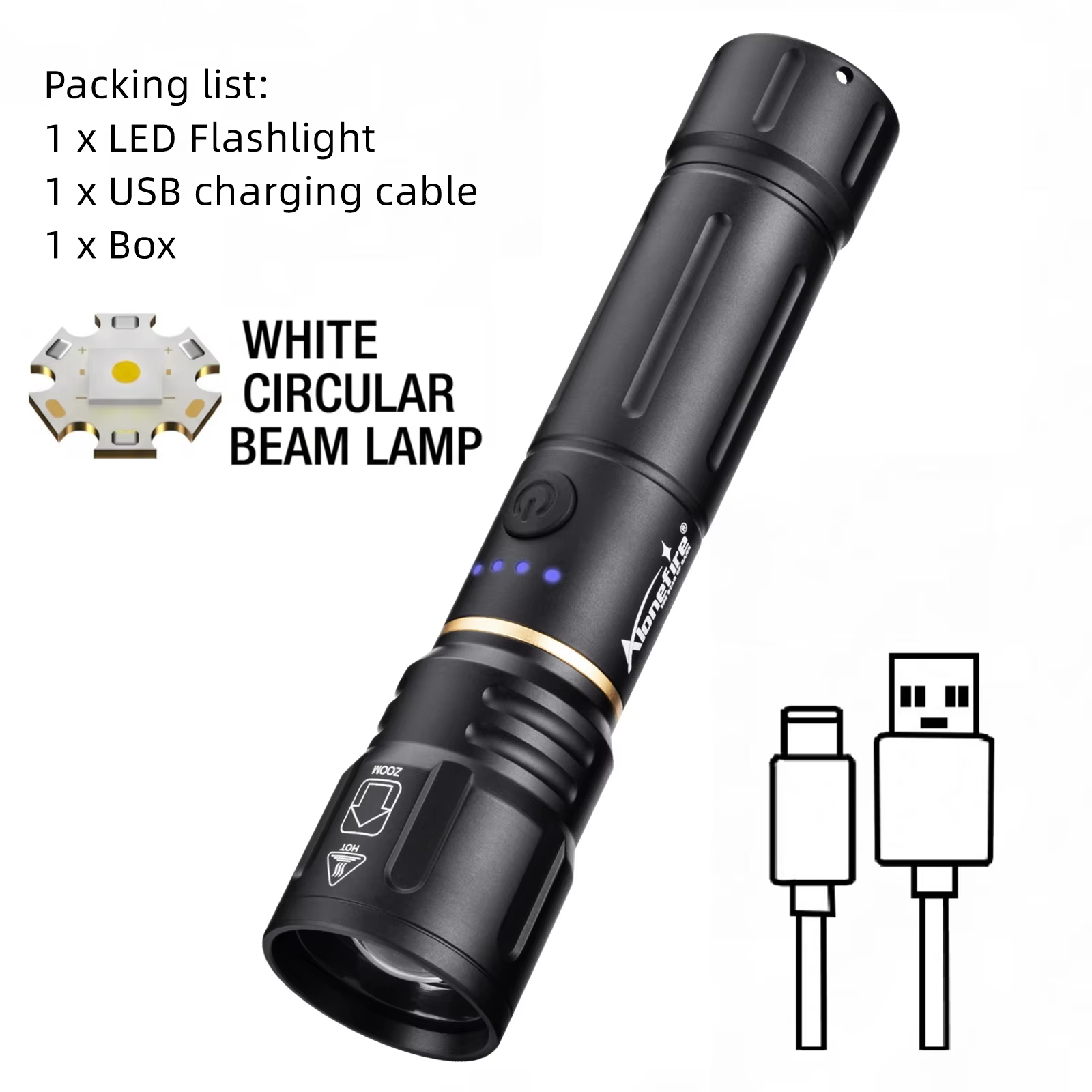 Lampe torche rechargeable Alonefire Zoom haute puissance, lumière rouge, bleue, verte, blanche, lamp
