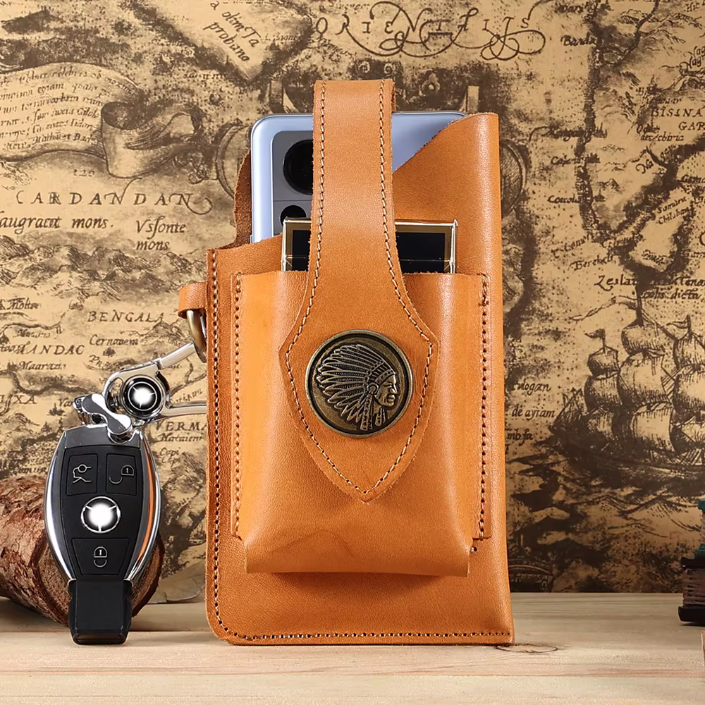 Sac de téléphone portable en cuir - Sac vintage en cuir de vachette pour homme - Sac banane tactique